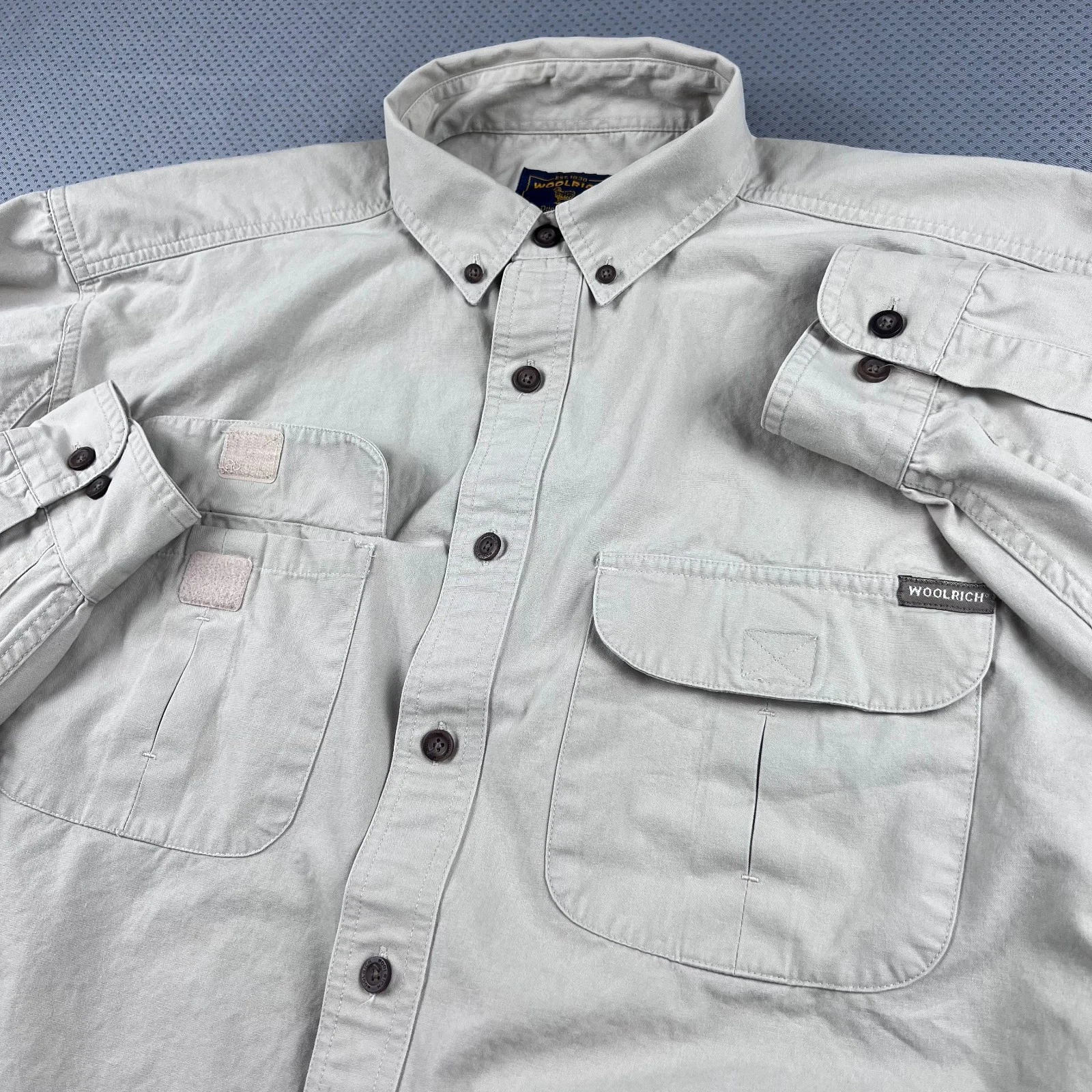 Woolrich Shirt Mens Large Beige Long Sleeve Button Down Casual Outdoor Wear Y2K