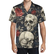 Skull  Red Roses Print, Gothic Style - Hawaiian Shirt - Adults  Youth