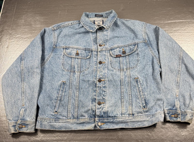 Vintage Riveted Lee Jean Jacket Mens XL Long Trucker Hong Kong Light Wash 90s