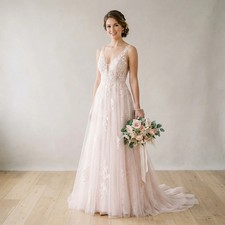 Blush Pink V Neck A Line Wedding Dress Lace Applique Beaded Waist Sash Sheer