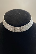 Silver/Clear Rhinestone Collar Choker Necklace 7 Rows 1  Wide Glittery Fashion