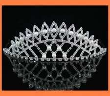 CLEAR RHINESTONE IMITATED PEARL TIARA HEADBAND CROWN WEDDING PROM H796 SILVER