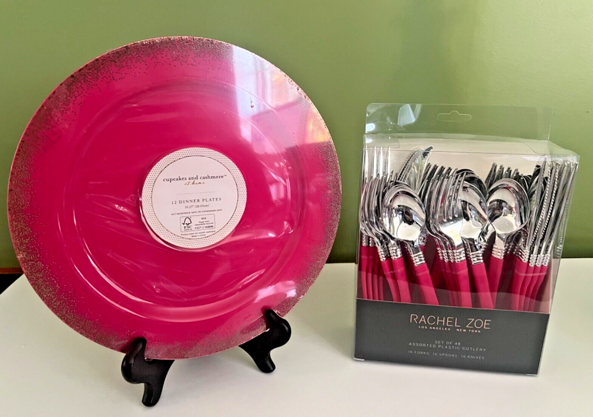 Set of 12 Rachel Zoe Pink Disposable 48 Plastic CUTLERY & C&C
