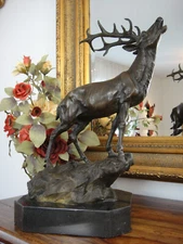 Deer Bronze + Marble Sculpture Figurine Antlers Deer Antique Classy Luxury