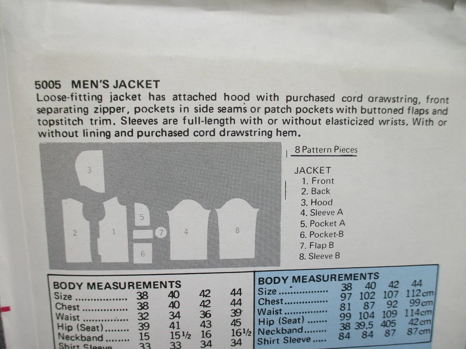 Butterick 5005 Sewing Pattern Mens Jacket Hooded Size 40 Vintage 1970s Style UC - Image 4 of 4