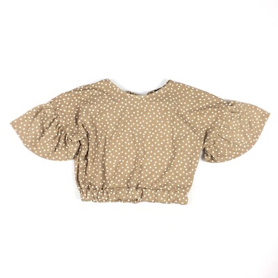 Boohoo Flatter Sleeve Open Back Crop Top Size 8 Light Brown Tan White Polka Dot