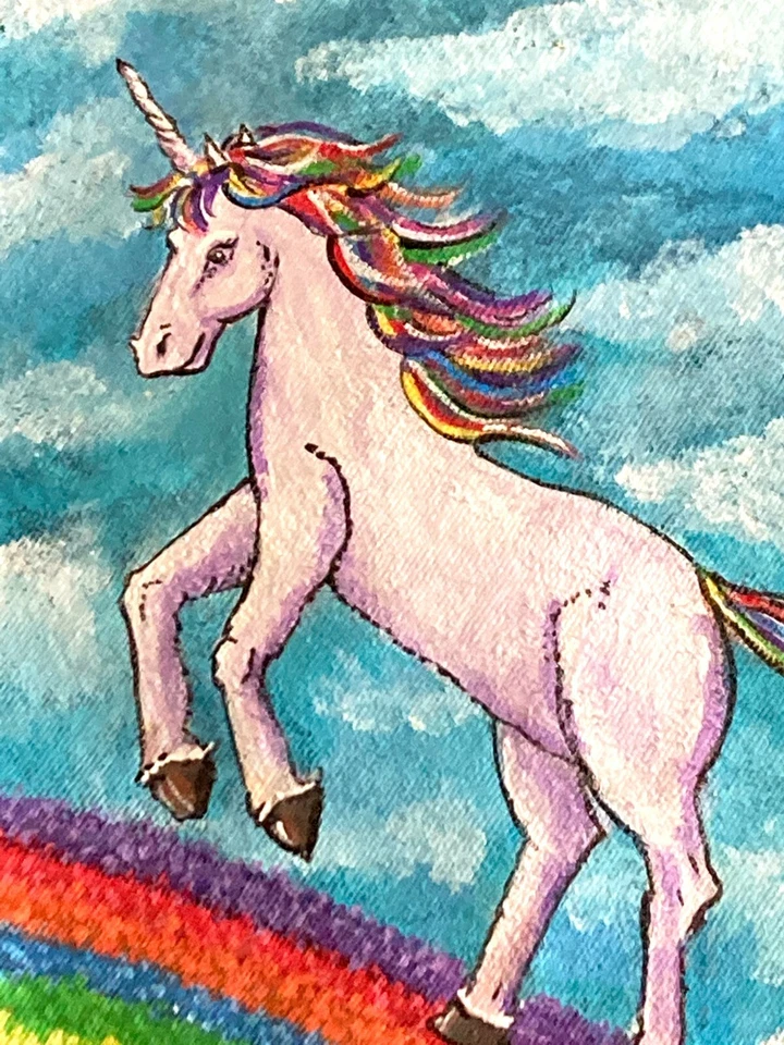 Jaqueta jeans arco-íris unicórnio pintada à mão tamanho feminino arte única média - Imagem 2 de 4