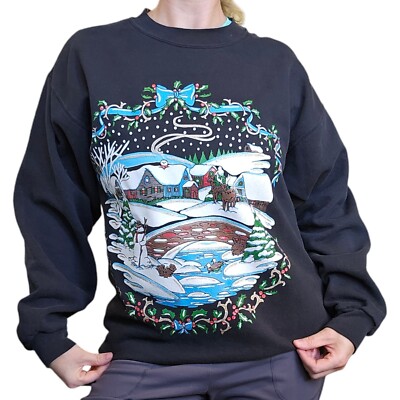 Winter Snowscape Sweatshirt Mens Medium Vintage 90s Reindeer Christmas Snowman