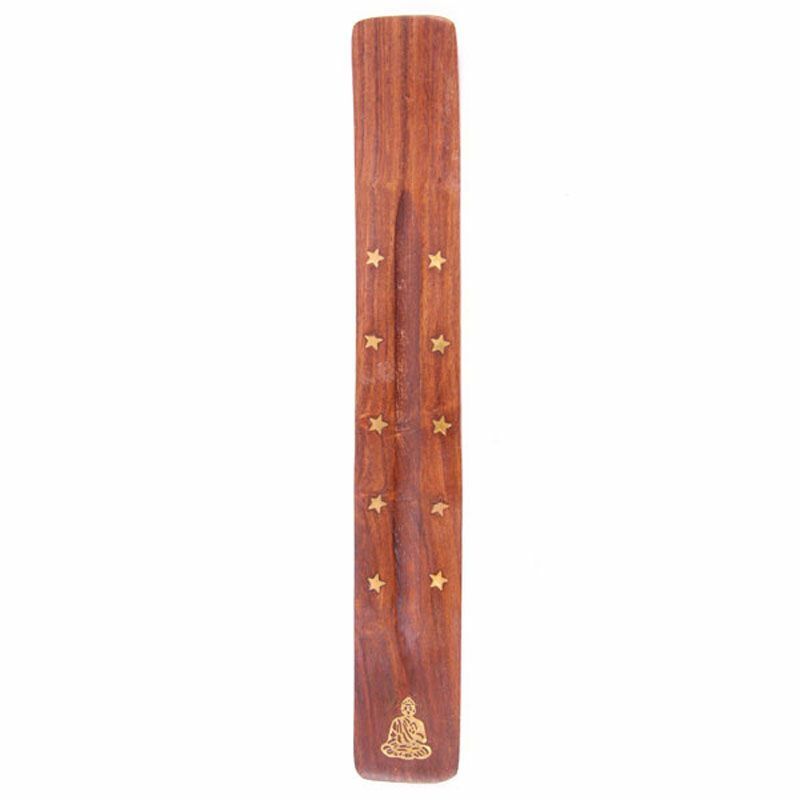 Sheesham Wood Ash Catcher Brass Buddha & Stars Inlay Incense Stick Burner Holder
