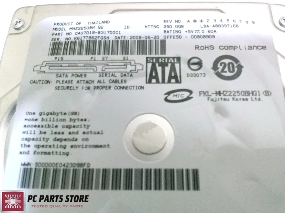 Fujitsu 250GB SATA 2.5" MHZ2250BH G2 CA07018-B31700C1 CA21344-B71X PCB PARTS - Image 3 of 4