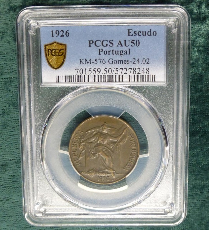 1926 PCGS AU 50 Portugal 1-Escudo coin, Seated Figure, KM #576, Vintage Original