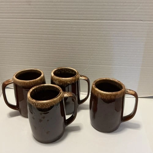 Vintage Hull Tall Coffee Mug/ Stein Chocolate Brown Drip Pottery 4 PCs 5"