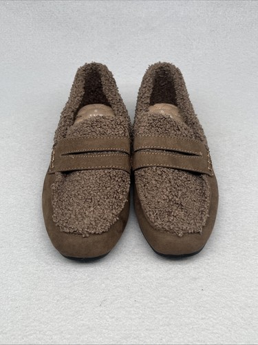 Women's Gap Woodsy Brown Sherpa Suede Slip Loafers Shoes Size 9 Cozy - Picture 2 of 14