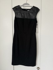 Calvin Klein Women's Sheath Dress Black Faux Leather Size 4 Boat Neck Cap Sleeve