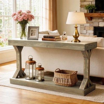 47.24  Long Farmhouse Wooden Console Entryway Table with Shelf Behind Couch