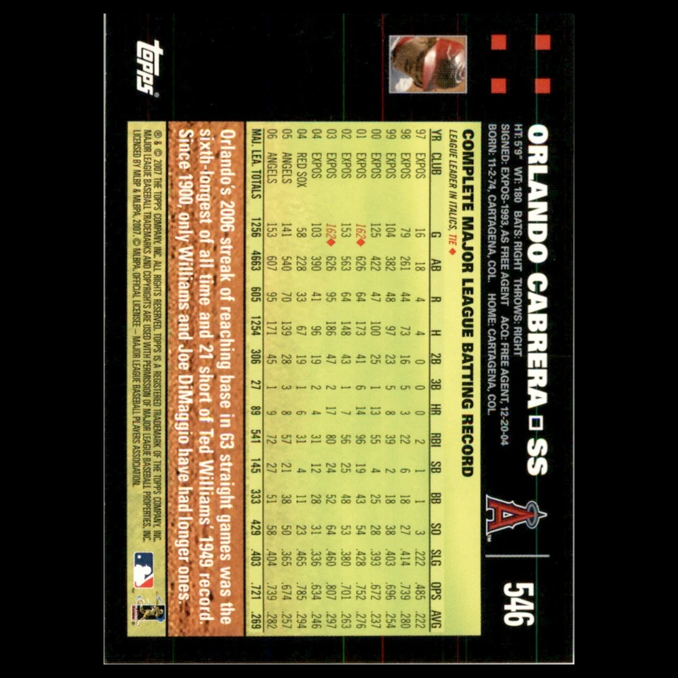 Orlando Cabrera #546 2007 Topps Los Anaheim Angels Baseball Card MLB NM - Image 2 of 3