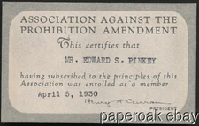 1930 Association Against the Prohibition Amendment Membership Card