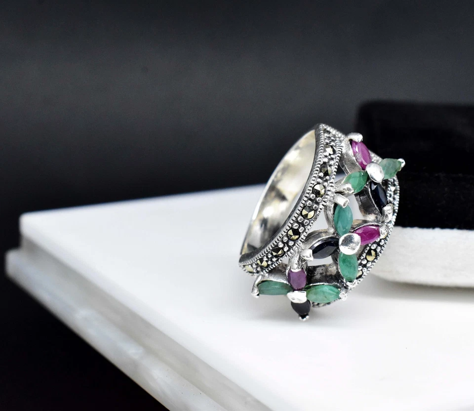 925 Sterling Silver Unheated Natural Emerald Ruby & Sapphire Ring 10.59 GM US 9 - Image 4 of 4