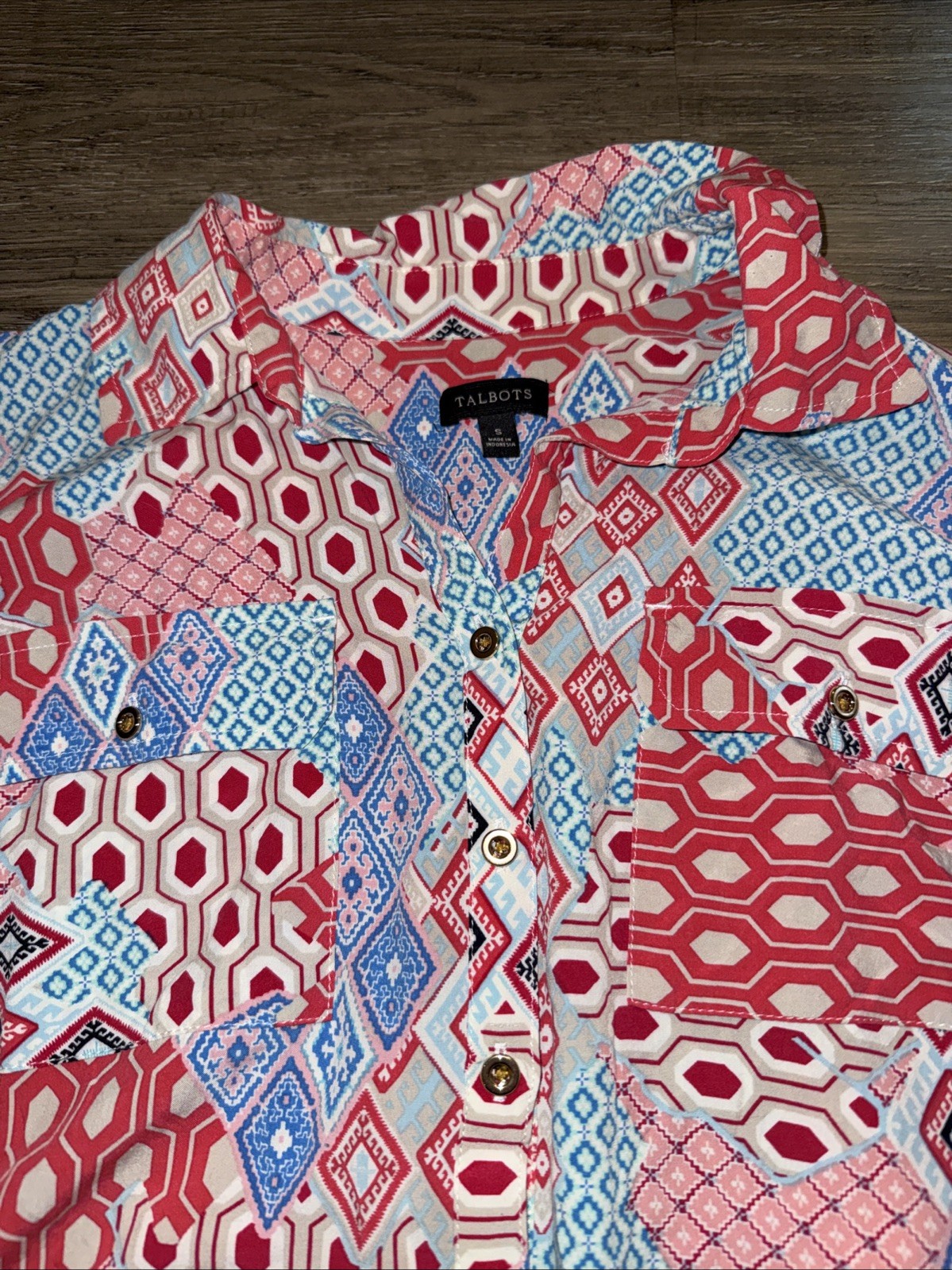 Talbots Pink Blue Patchwork Button Popover Long S… - image 2