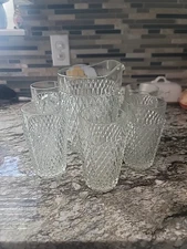 Vintage Indiana Glass Co. Pitcher Clear Diamond Point 52 oz+6 Glasses Water Tea