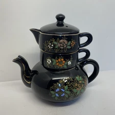 Teapot Vtg Stackable Floral tea and creamer   Pottery Ceramic Japan