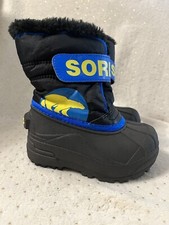 Sorel Snow Boots Kids Size 7 Snow Commander Black Blue Round Winter NV1977-011