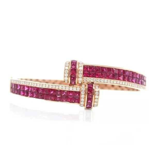 8.5 ctw Invisible Set Ruby & Diamond 14k Rose Gold Plated Silver Tennis Bracelet - Image 3 of 4