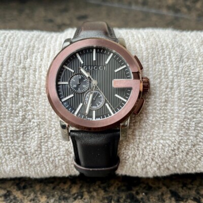 Gucci G-Chrono Chronograph Steel Dial Black Leather Men Quartz