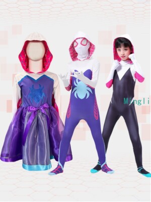 Halloween Gwen Ghost Spider Costume Bodysuit Cosplay Hooded Dress Up Set Girls