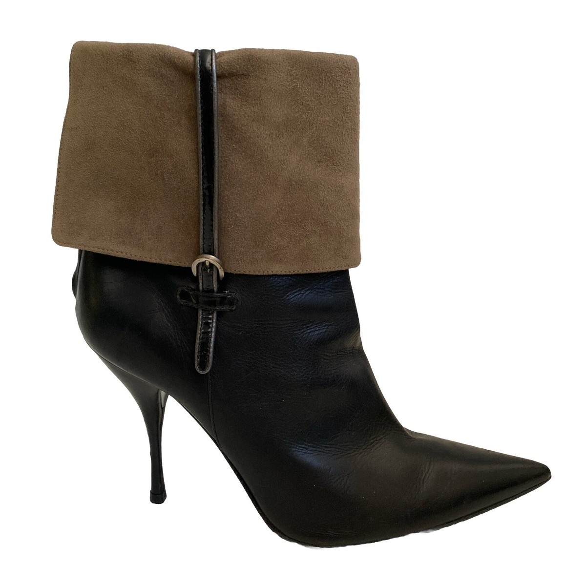 Casadei Hyoid Wanda Boots Black Leather Taupe Suede Fold Point Toe