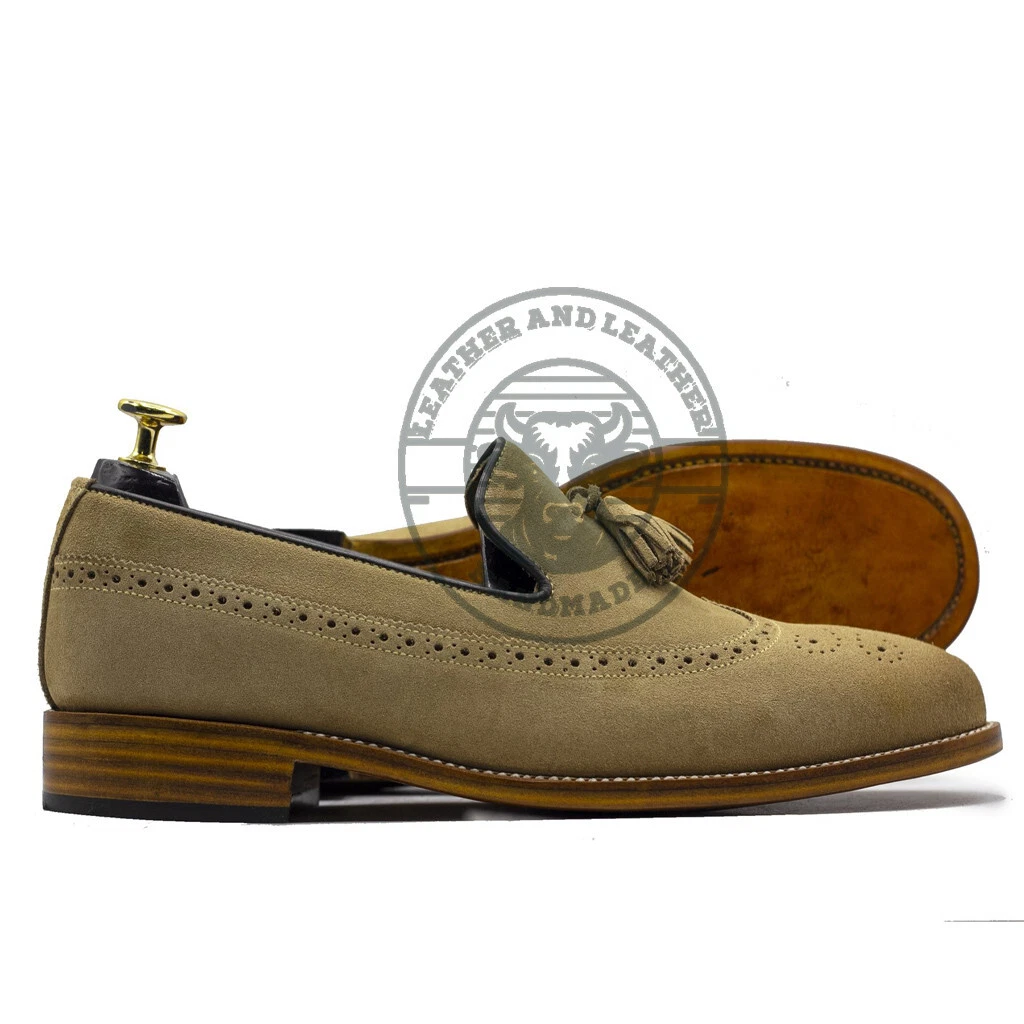 Tassle Brogue Loafers Shoes For Men. Handmade Genuine Suede Leather Shoes