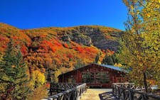 Landscape fall mountains wood house red leaves nature Custom Gaming Mat Desk