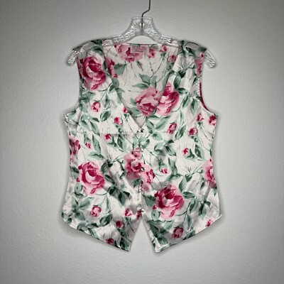 Honors Intimates Vintage White Satin Button Up Rose Floral Vest Women s Size L