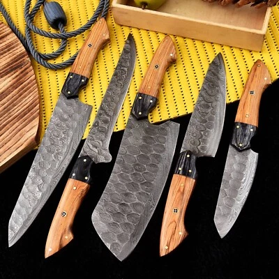 CHEF KNIVES Custom Handmade HAND FORGED DAMASCUS STEEL CHEF KNIFE Set Kitchen Knives-Cutlery
