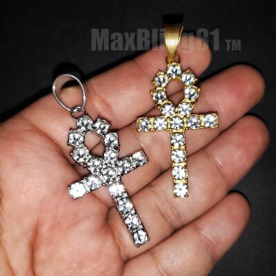 Full Iced Hip Hop Stainless steel Simulated Diamond Ankh Cross Charm Pendant