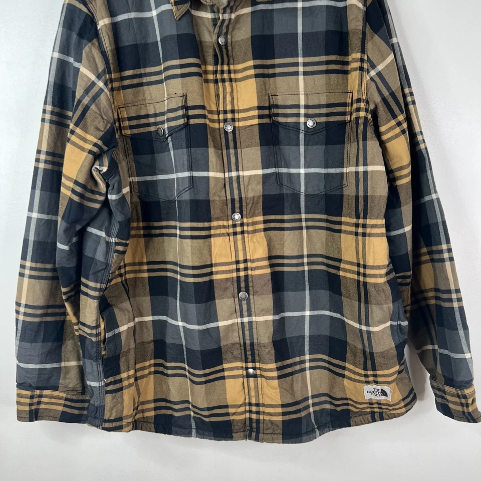 The North Face Shacket Mens Sz XXL Beige Blue Plaid Snap Button Fleece - Image 2 of 4