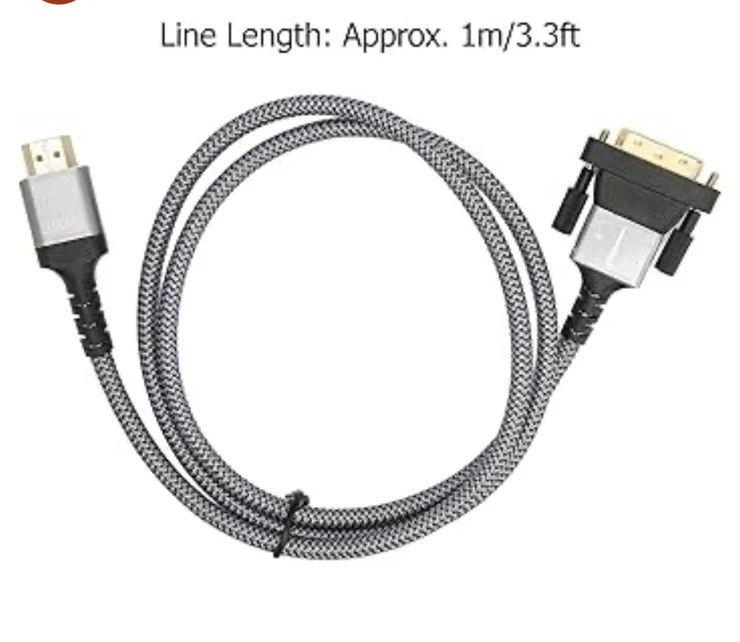 HDMI to DVI Cable in Braided Gray - 15 Feet Gold Plated HD UHD FOR PC LAPTOP - Image 2 of 4