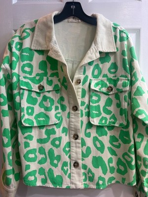 New Easel clothing Women's Small Neon Leopard Print Denim Jacket Pocket Shackets