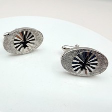 Vintage 70s Mid Century Fleur De Lis Cufflinks SilverTone Oval Sunburst Textured