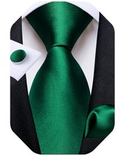 Mens Solid Color Tie and Pocket Square Set Woven Silk Plain Emerald Green