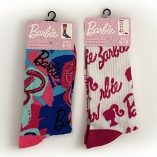 Barbie Crew Socks Women's Size 9-13 2 Pair Pink  White/Blues  Pinks Logo NEW