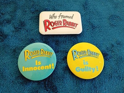 VINTAGE WHO FRAMED ROGER RABBIT MOVIE PROMO BUTTON LOT IS GUILTY INNOCENT PINS.