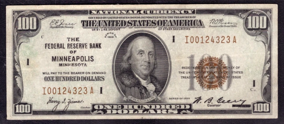 1929 $100 FEDERAL RESERVE BANK NOTE MINNEAPOLIS FR.1890-I PCGS B VF 30 (323A) - Image 3 of 4