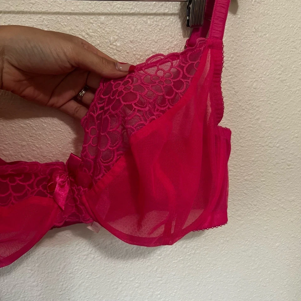 Cacique Lane Bryant Hot Pink Bra 40DDD Lace Unlined Underwire delicate Feminine - Image 2 of 4