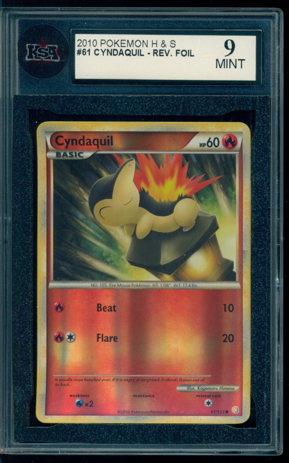 2010 Pokemon  Heartgold & Soulsilver #61 Cyndaquil Reverse Holo KSA 9 Mint