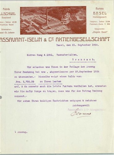 13808249 - Basel Rechnung von 1926 Passavant-Iselin und Cie Ziegelei Fabrik