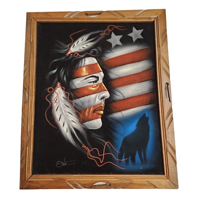 Vintage Ortiz Velvet Painting Native American Indian Warrior Brave American Flag