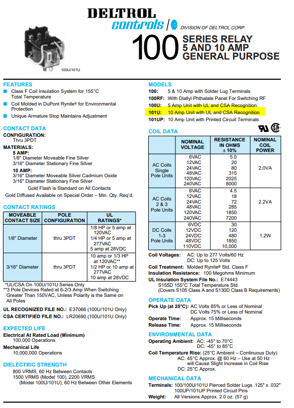 DELTROL RELAY 101USPDT10A12VDC DC. SPDT 10Amp 12VDC, 100 Series