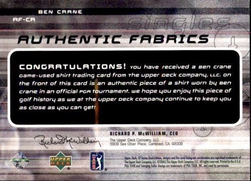 2003 SP Game Used Authentic Fabrics Singles #CR Ben Crane (ref 19989) - Picture 2 of 2