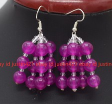 Beautiful 8mm Natural Rose Jade Round Gemstone Grape Dangle Hook Earrings AAA